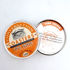 NEW 24 BAR DRINKY COASTER SET CONVERSATIONAL TIME TRIVIA IN TIN RECYCLED PAPER
